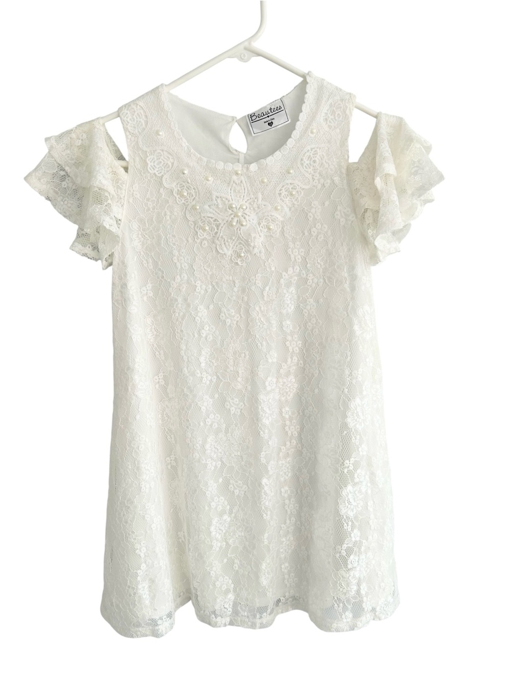 Beautees White Lace Pearl Beads Cold Shoulder
Keyhole Lined Formal Dress Sz 12